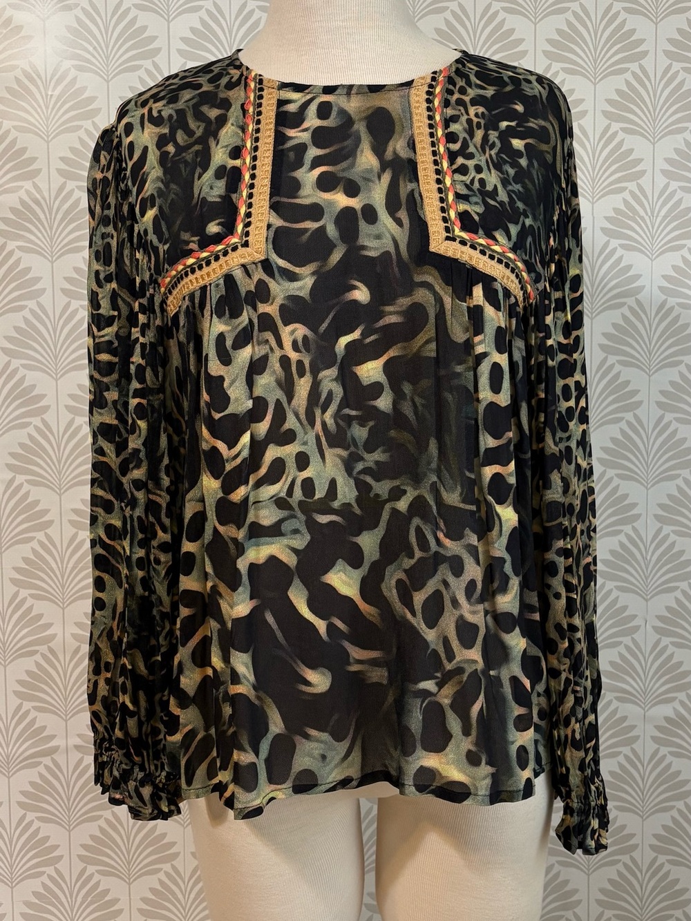 Blank London Lightweight Olive & Black Animal-Print Blouse with Trim